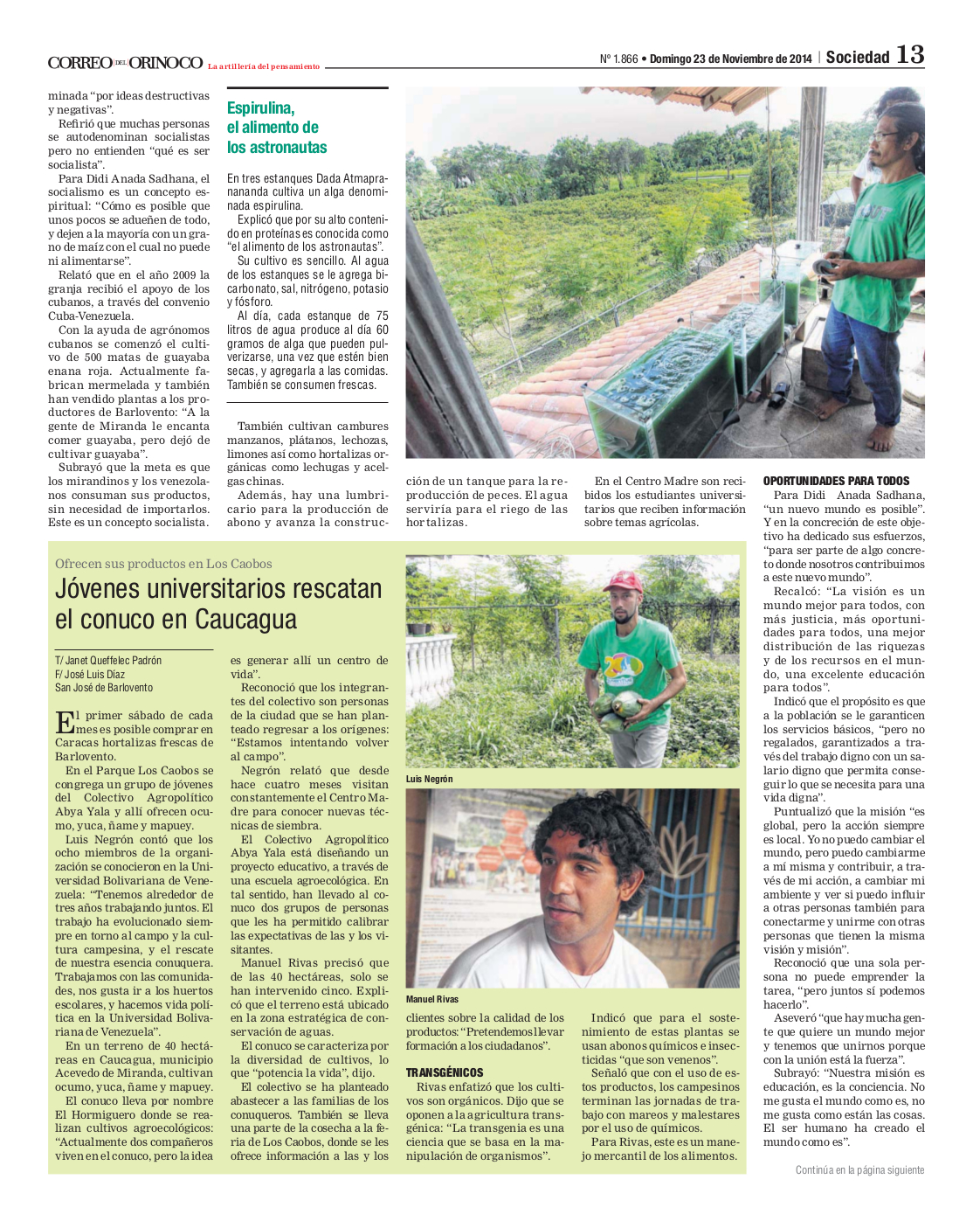 Correo del Orinoco artículo sobre el Centro Madre 23/11/2014 p13
